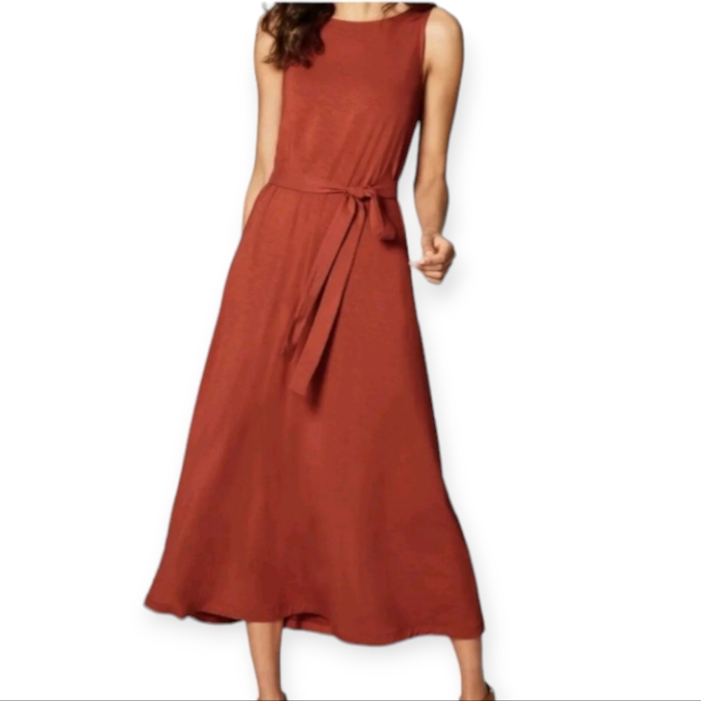 New J. Jill Petite Pottery Rust Orange Sleeveless Dress Long Belted Maxi Womens
